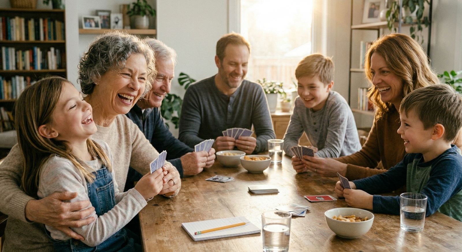 Happy grandmother playing and laughing with family