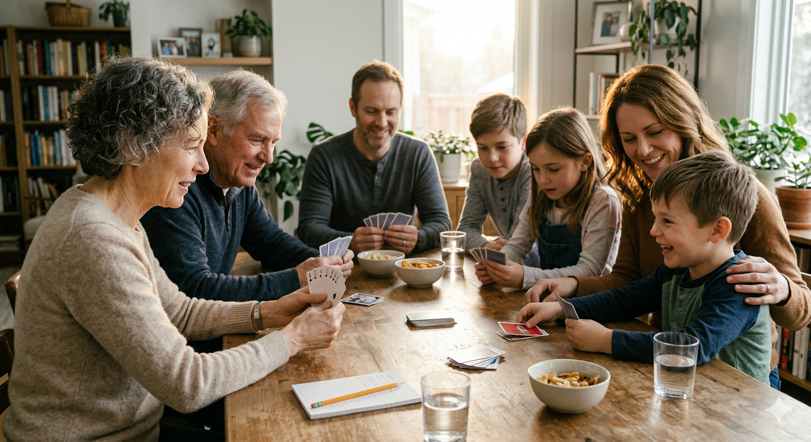 Family gathered around the table for game night