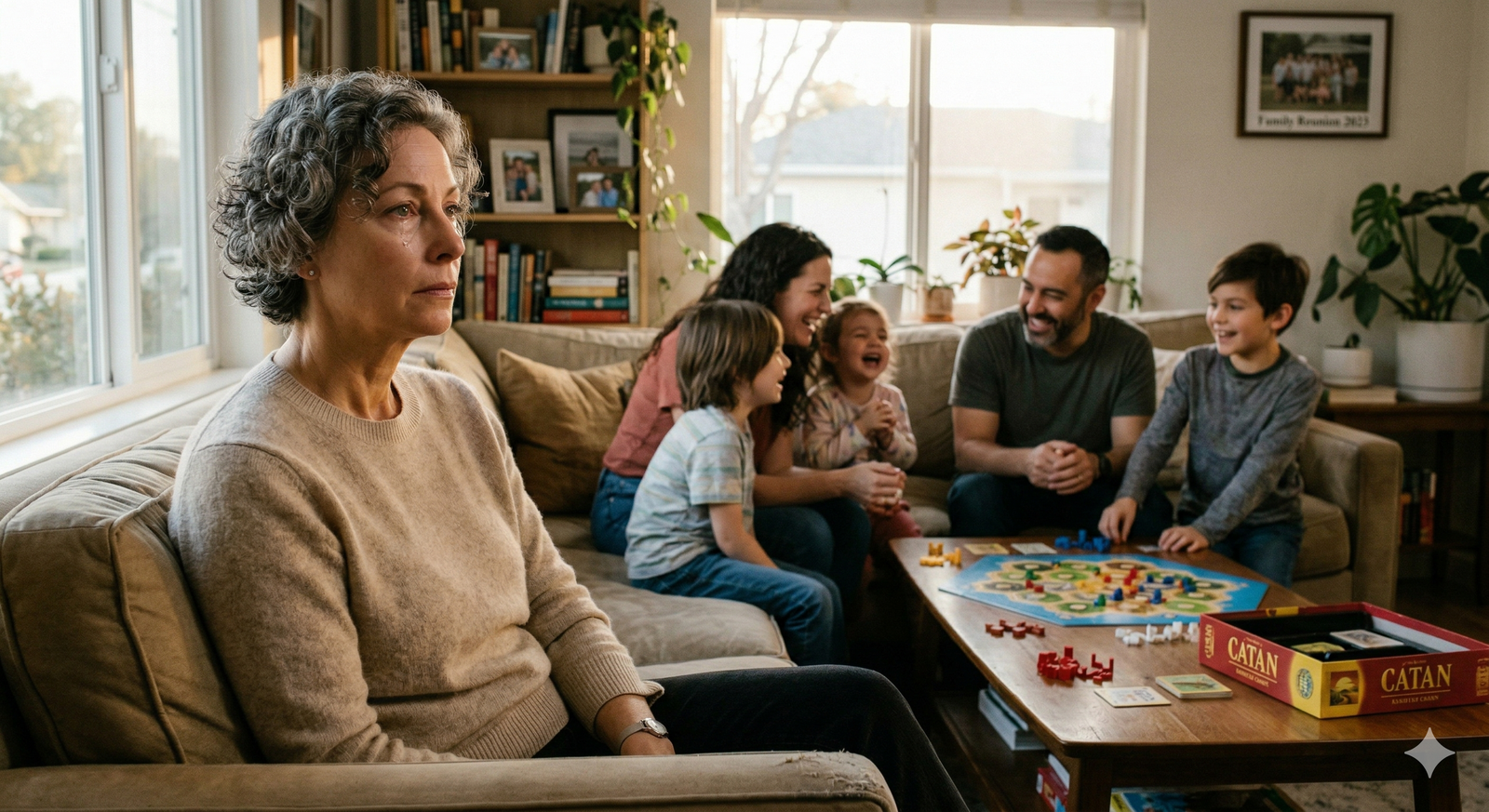 Older woman on the sidelines during family game night